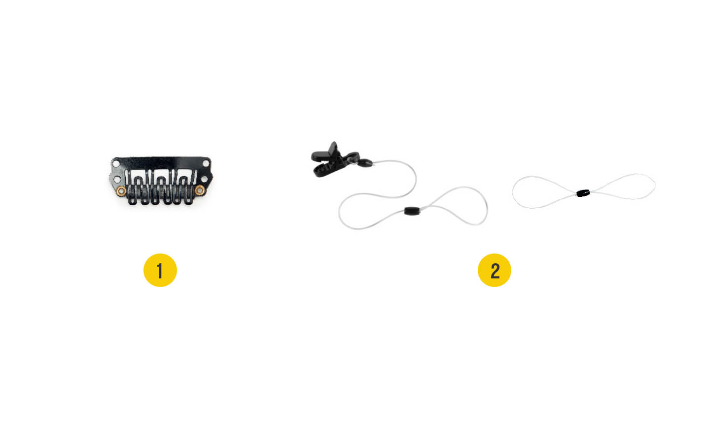 Nucleus Kanso 声音处理器的附件图片：1. 带有长安全线的鳄鱼夹，2. 带有短安全线的发夹
